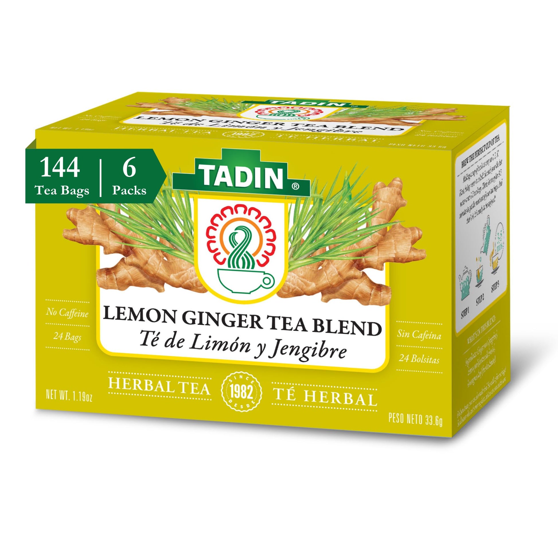 Tadin Lemon Ginger Herbal Tea, Caffeine Free, 24 Bags, Pack of 6