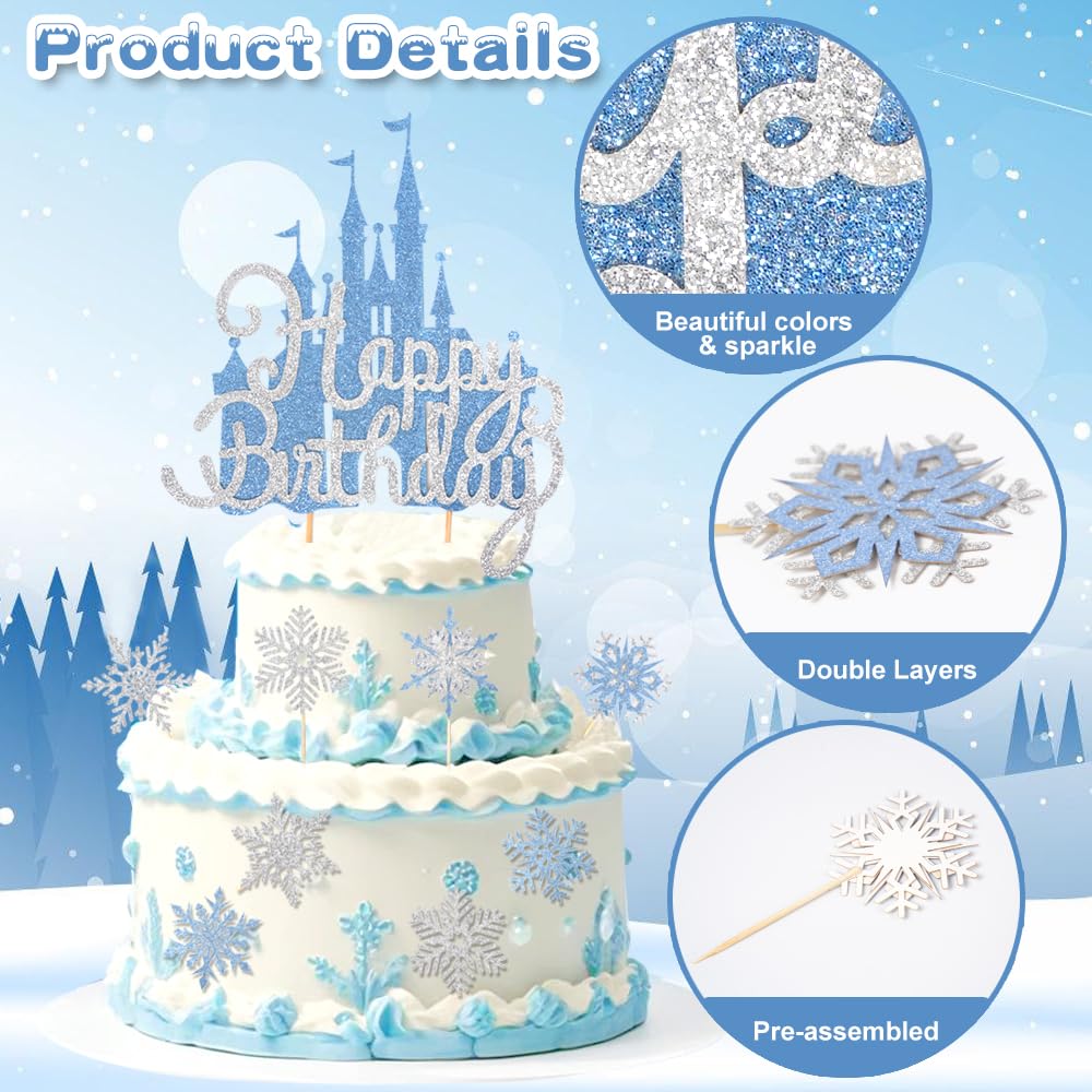 Wootkey 26Pcs Frozen Castle Cake Toppers Double Layer Silver Blue Snowflake Cupcake Toppers Winter Wonderland Cake Decorations F