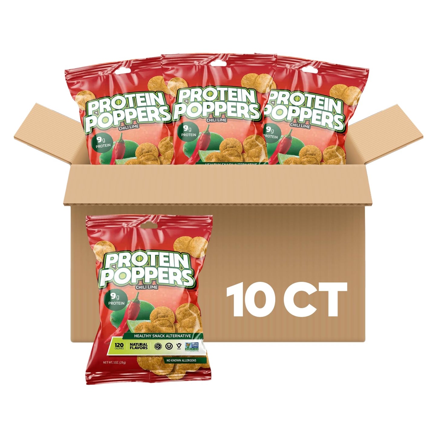 Protein Popper Chips, Gluten Free, Low Carb, High Protein Snack, Chili Lime, 1 oz, 10 Count