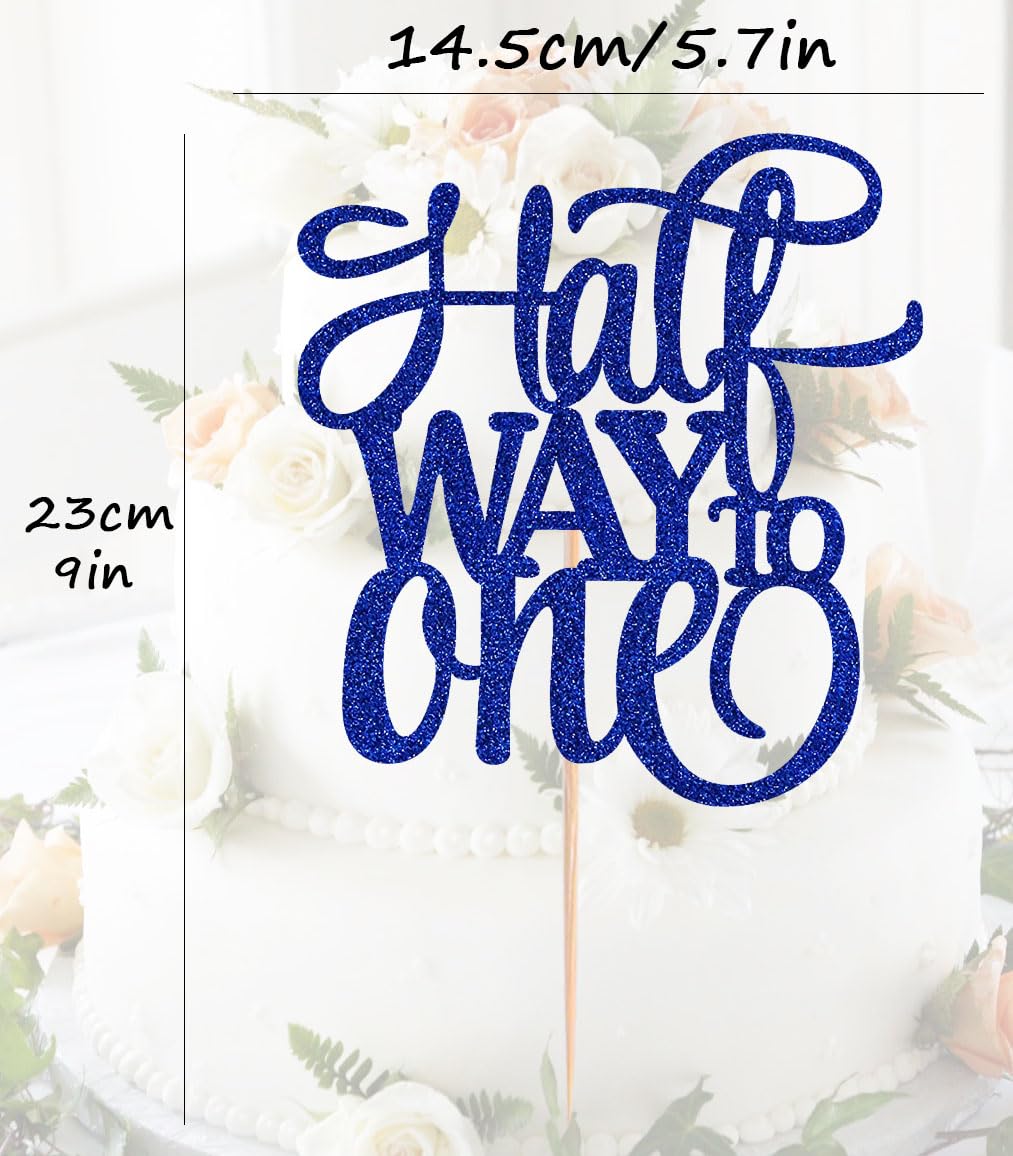 Ahaoray Half Way To One Cake Topper - Blue Glitter 6 Months Birthday Decorations Supplies - Half Birthday Decorations Baby Girl,