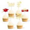 36 Pcs Class of 2025 Graduation Cupcake Toppers, Gold & Red Glitter Double-Sided Grad Cap Cake Toppers for Party Supplies, 2025 