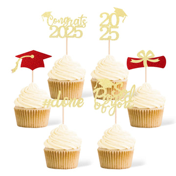 36 Pcs Class of 2025 Graduation Cupcake Toppers, Gold & Red Glitter Double-Sided Grad Cap Cake Toppers for Party Supplies, 2025 