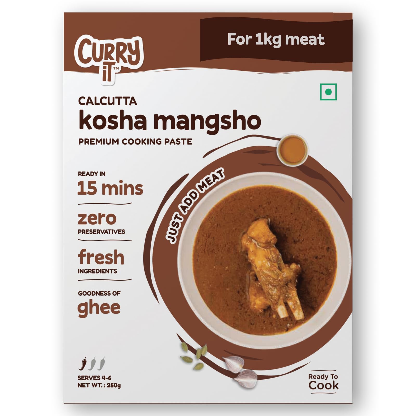 CURRYiT Instant Calcutta Kosha Mangsho Curry Paste | Just Add Mutton, Chicken, Fish | Ready in 15-30 Mins | Serves 4-6 | Made wi