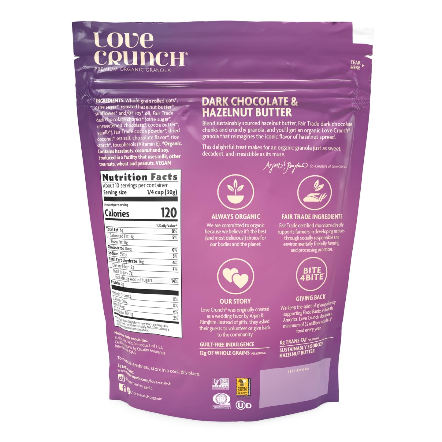 Love Crunch Organic Dark Chocolate And Hazelnut Butter Granola 10.6 Ounce Pouch (Pack Of 6)