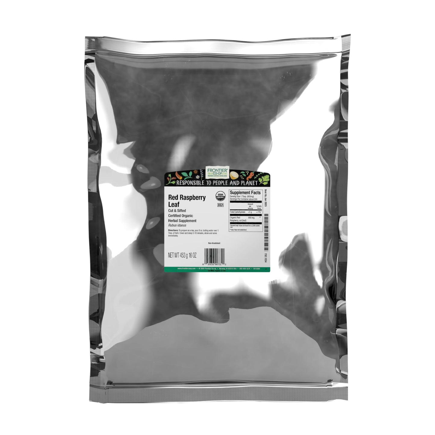 Frontier Organic Red Raspberry Leaf Herbal Dietary Support  1-Pound  Certified Organic  Kosher  Non-Gmo