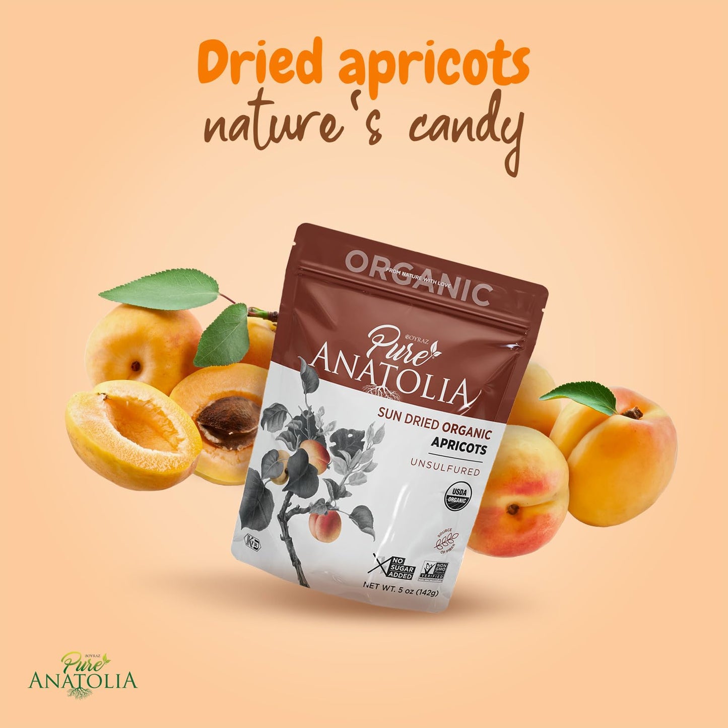 100% Organic Turkish Sun Dried Apricots By Pure Anatolia - No Sugar Added, Non Gmo, Sulfur Free, Vegan, Halal, Kosher - Healthy