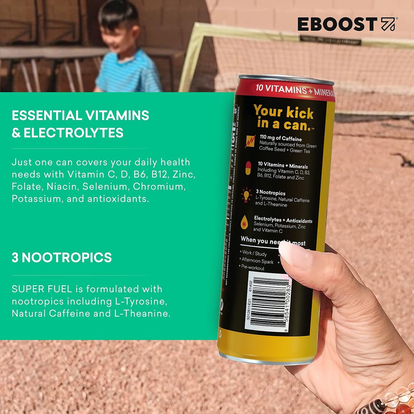 Eboost Super Fuel Healthy Energy Drink - Caffeine From Natural & Clean Ingredients For Focus And Productivity -Taurine Free Pre-Workout With Electrolytes, Nootropic & Vitamins - Orange Mango, 12 Pack