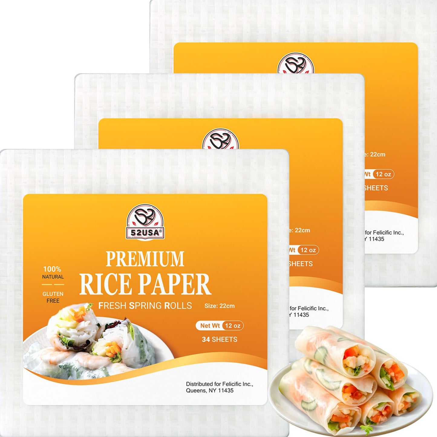 52USA Square Rice Paper, 3 Pack, White Rice Paper Wrappers, Fresh Spring Roll Wrappers & Dumplings-102 Sheets, Gluten-Free Wonto