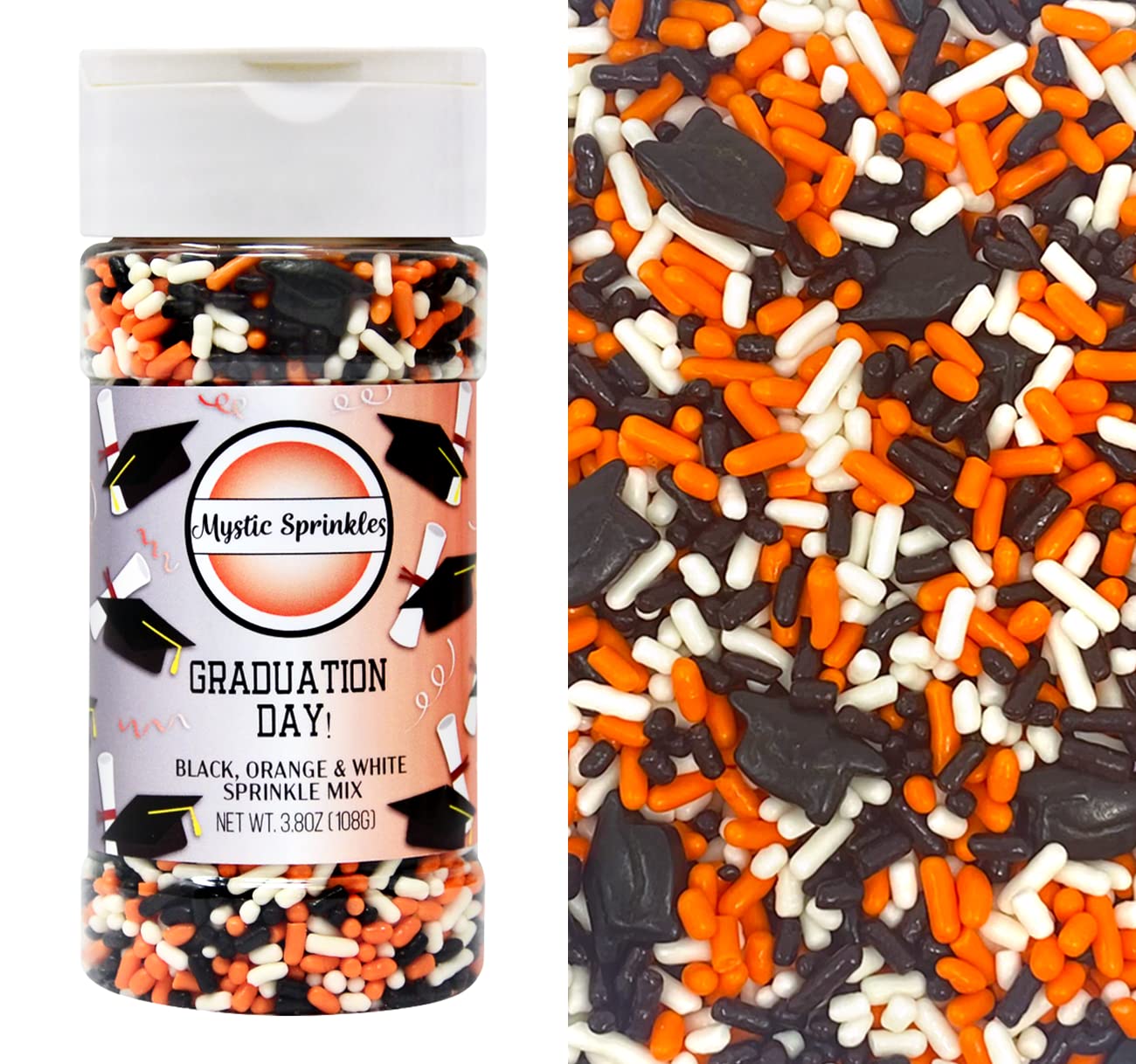 Mystic Sprinkles Graduation Day Sprinkles Mixes (Graduation Day! Black, Orange & White Sprinkle Mix 3.8oz)
