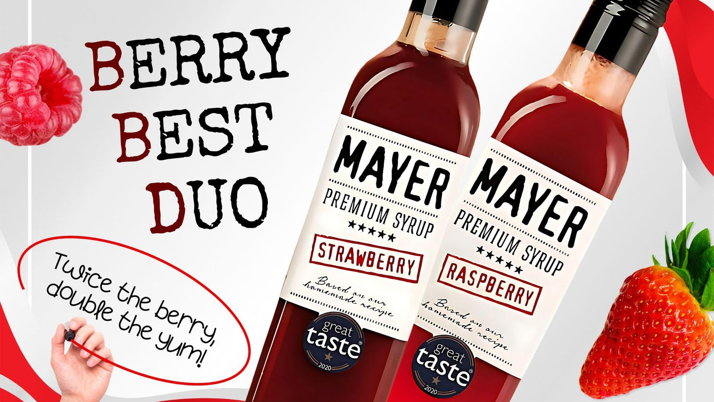 Mayer Premium Handcrafted Fruit Syrups, Vegan & Gluten Free, 16.9 Fl Oz (Pack of 2) - Strawberry & Raspberry, All-Natural Ingredients