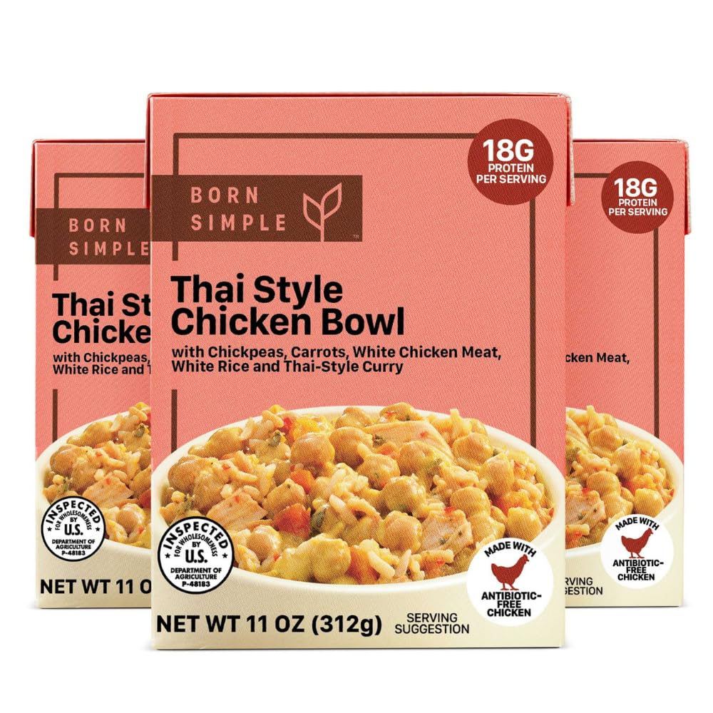 Born Simple Prepared Meals - Ready to Eat Thai Style Chicken Bowl | 18g Protein | 11 Oz (Pack of 3)
