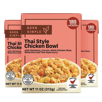 Born Simple Prepared Meals - Ready to Eat Thai Style Chicken Bowl | 18g Protein | 11 Oz (Pack of 3)