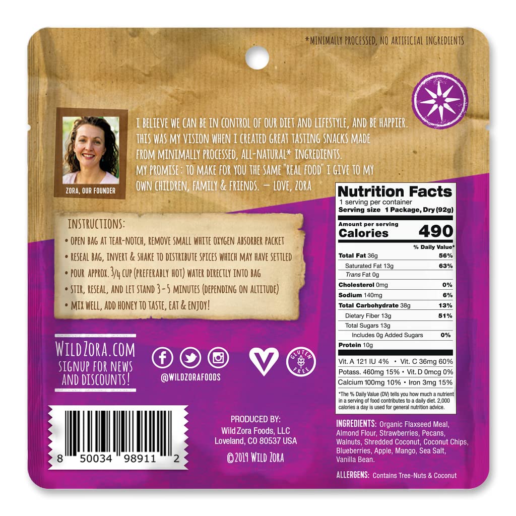 Wild Zora Paleo Freeze Dried Meals For Backpacking & Camping - Healthy Gluten Free & Grain Free Camping Meals/Backpacking Food + No Added Sugar - Great For Travel (Cliffside Coconut Berry 2-Pack)