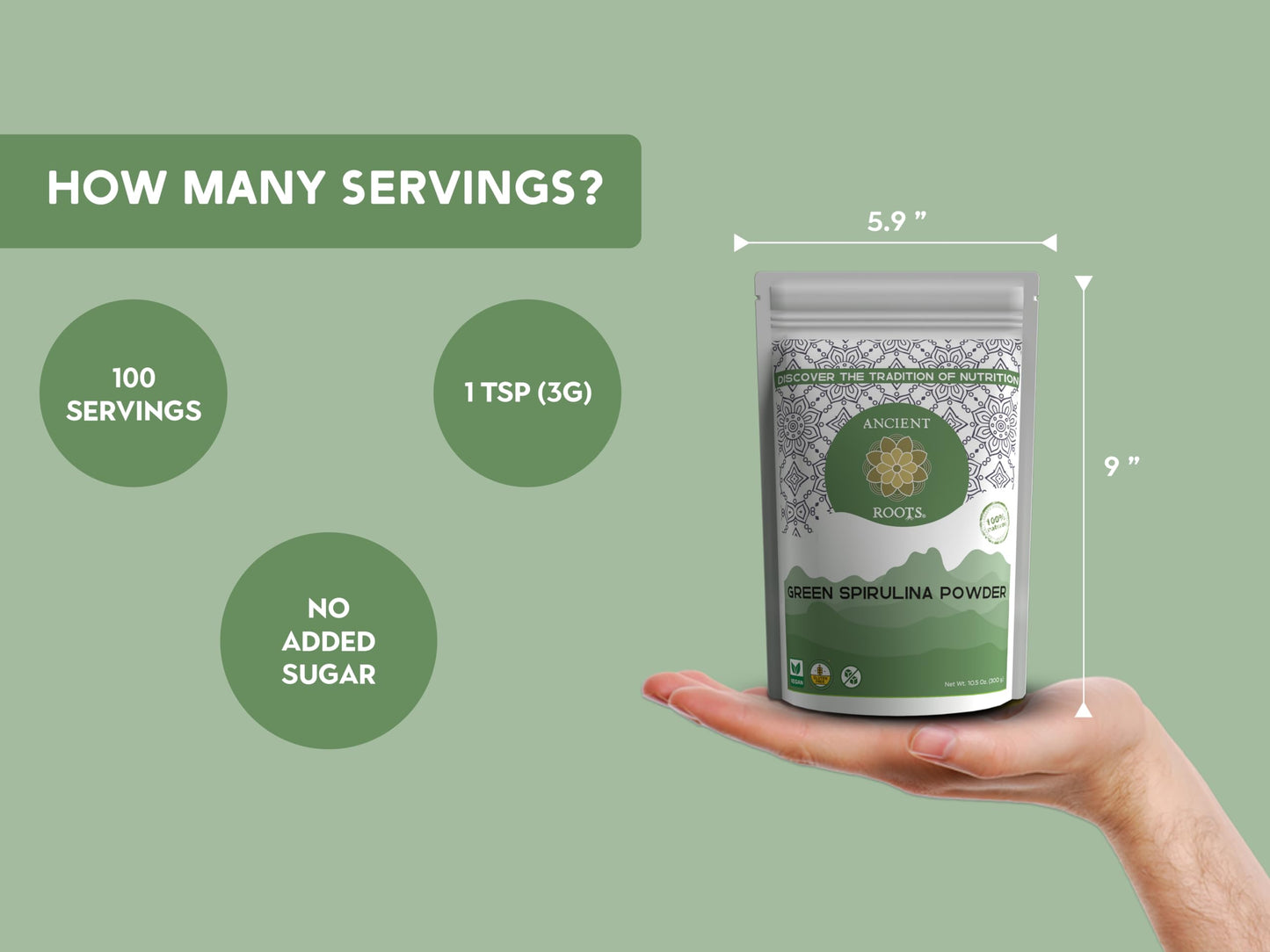 Ancient Roots Green Spirulina Powder - Freeze-Dried, All-Natural, 10.5 Ounces (75 Servings), Resealable Pouch