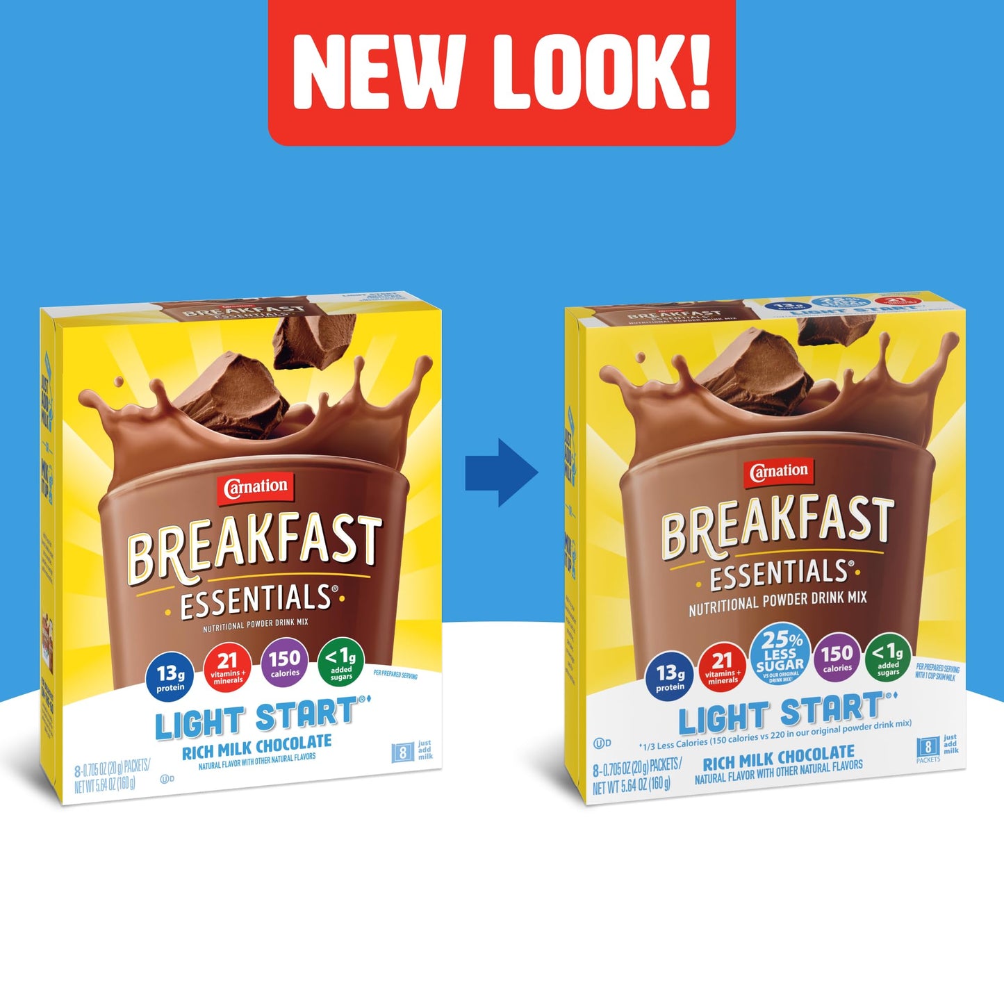 Carnation Breakfast Essentials Light Start Nutritional Powder Drink Mix Rich Milk Chocolate, 8 Count Box of 0.705 oz Packets (Pa