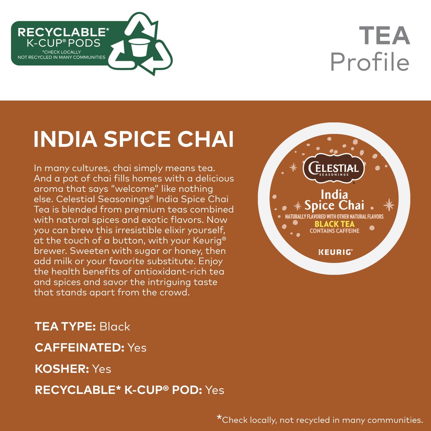 Celestial Seasonings India Spice Chai Black Tea, Single-Serve Keurig K-Cup Pods, 96 Count