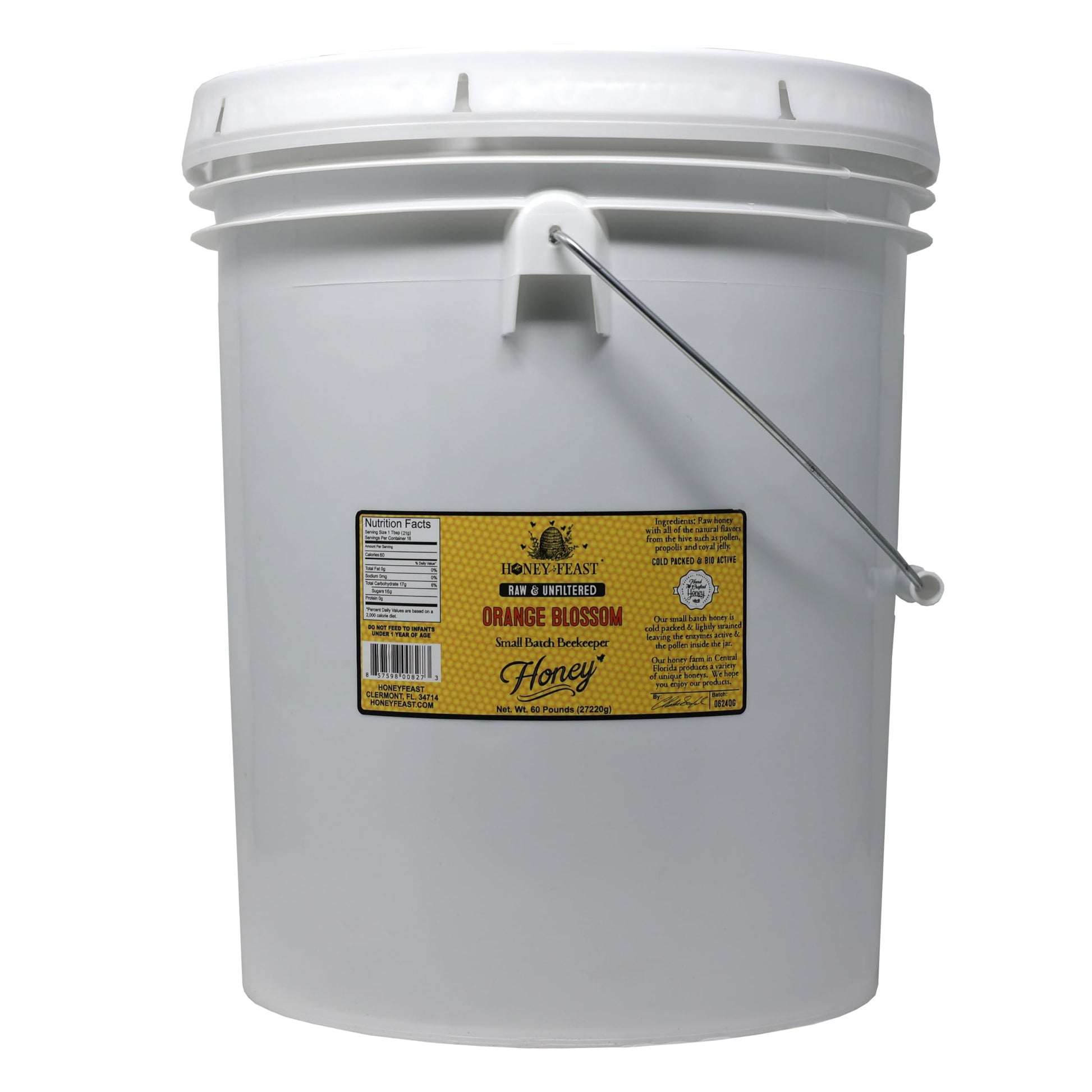Honey Feast Raw Orange Blossom Honey - Unfiltered, Unheated, 5 Gallons (60 lbs) Bulk Honey for Baking & Sweetening