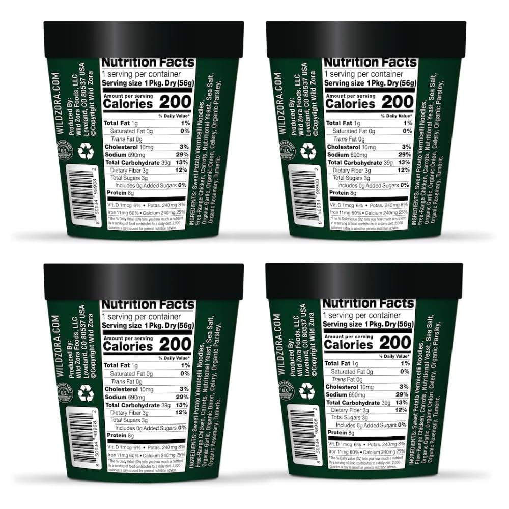 Wild Zora Chicken Noodle Soup Cup, 4 Pack, Paleo, AIP Friendly, Gluten-Free, Grain-Free Vermicelli Glass Noodles, Instant Ramen