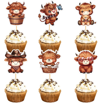 Keaziu Cupcake Toppers 24 Pack Highland Cow Picks Paper 2x0.2 Cow 2 Birthday Decorations Party Supplies
