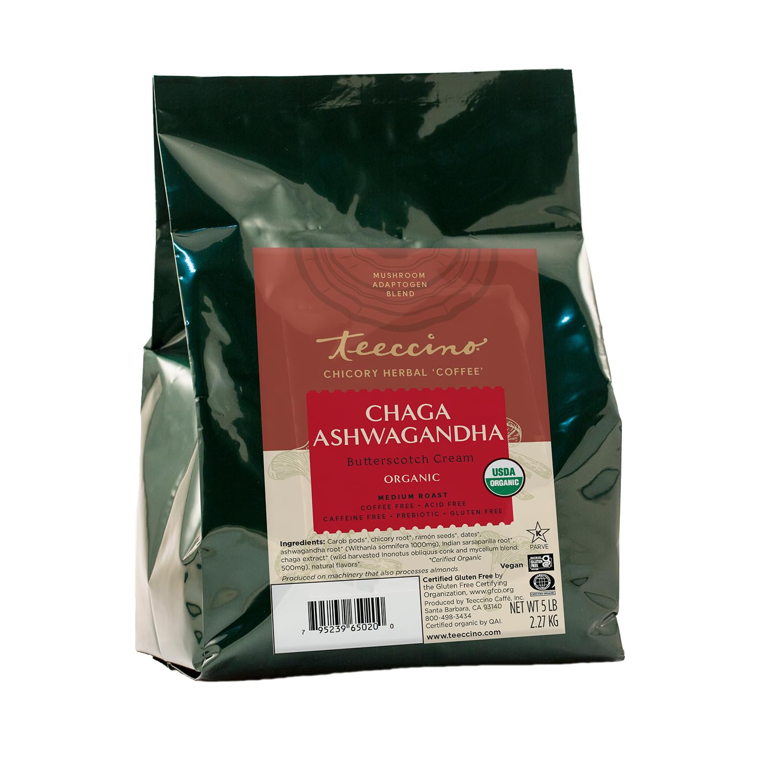 Teeccino Chaga Ashwagandha Coffee Alternative, Organic, Medium Roast, 5LB, Caffeine Free, Gluten Free, Butterscotch Cream