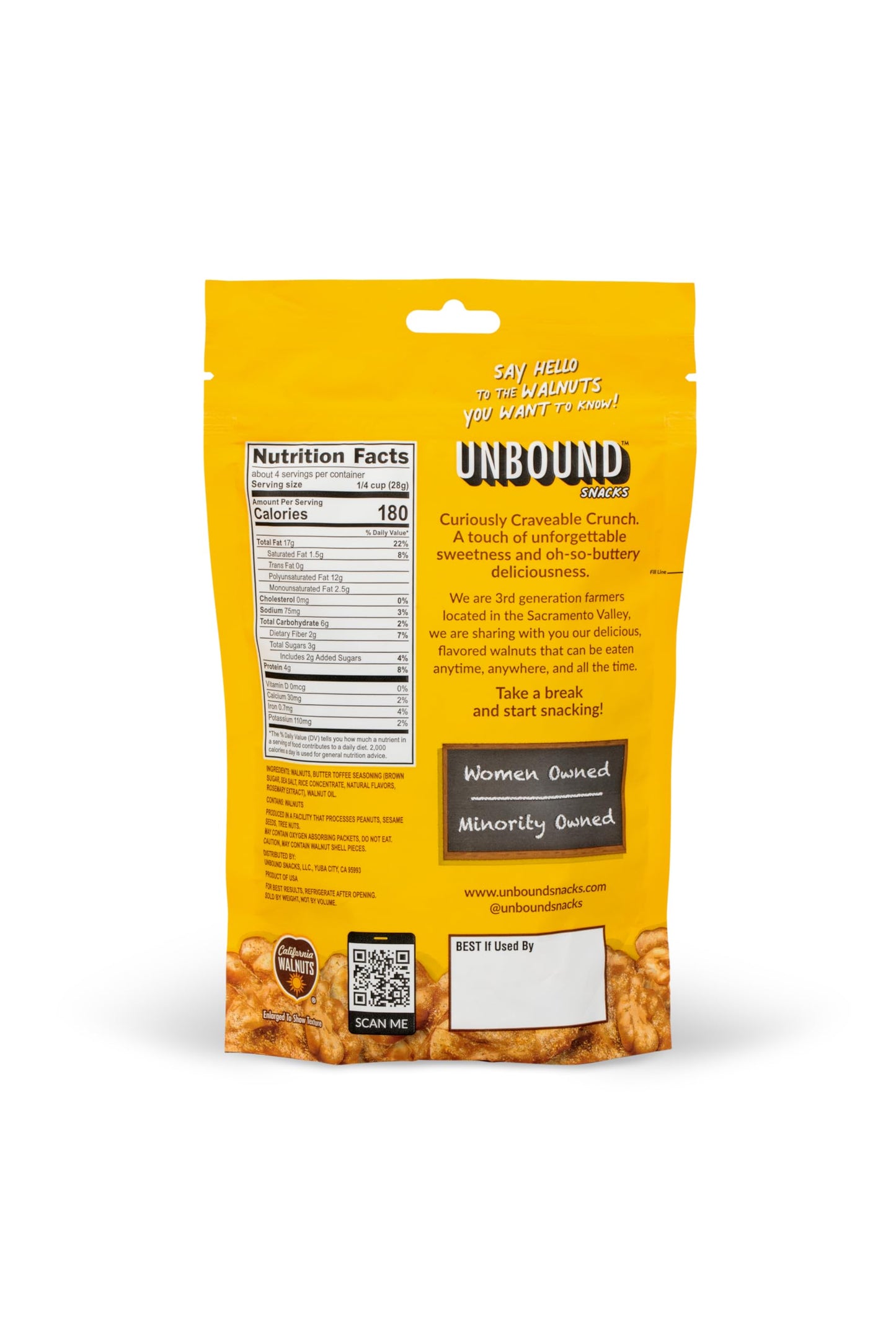 Unbound Snacks Flavored Nuts - Butter Toffee Walnuts, 4 oz (Pack of 4) - Healthy Snacks, 4g Protein, 3g Sugar, High in Omega 3,