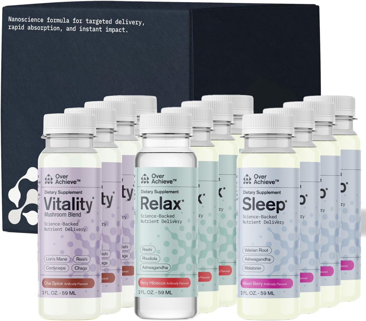 OVERACHIEVE dietary product Variety Pack with Advanced Nanoscience Technology  12 Pack  Stress Calming Relax Drink  Sleep Aid Drink  Mushroom dietary product Drink  2 oz Shot