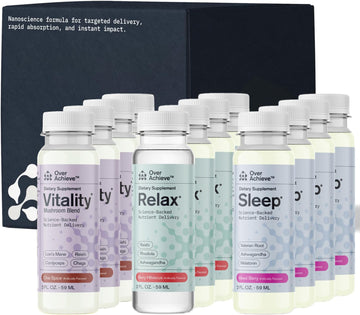 OVERACHIEVE dietary product Variety Pack with Advanced Nanoscience Technology  12 Pack  Stress Calming Relax Drink  Sleep Aid Drink  Mushroom dietary product Drink  2 oz Shot