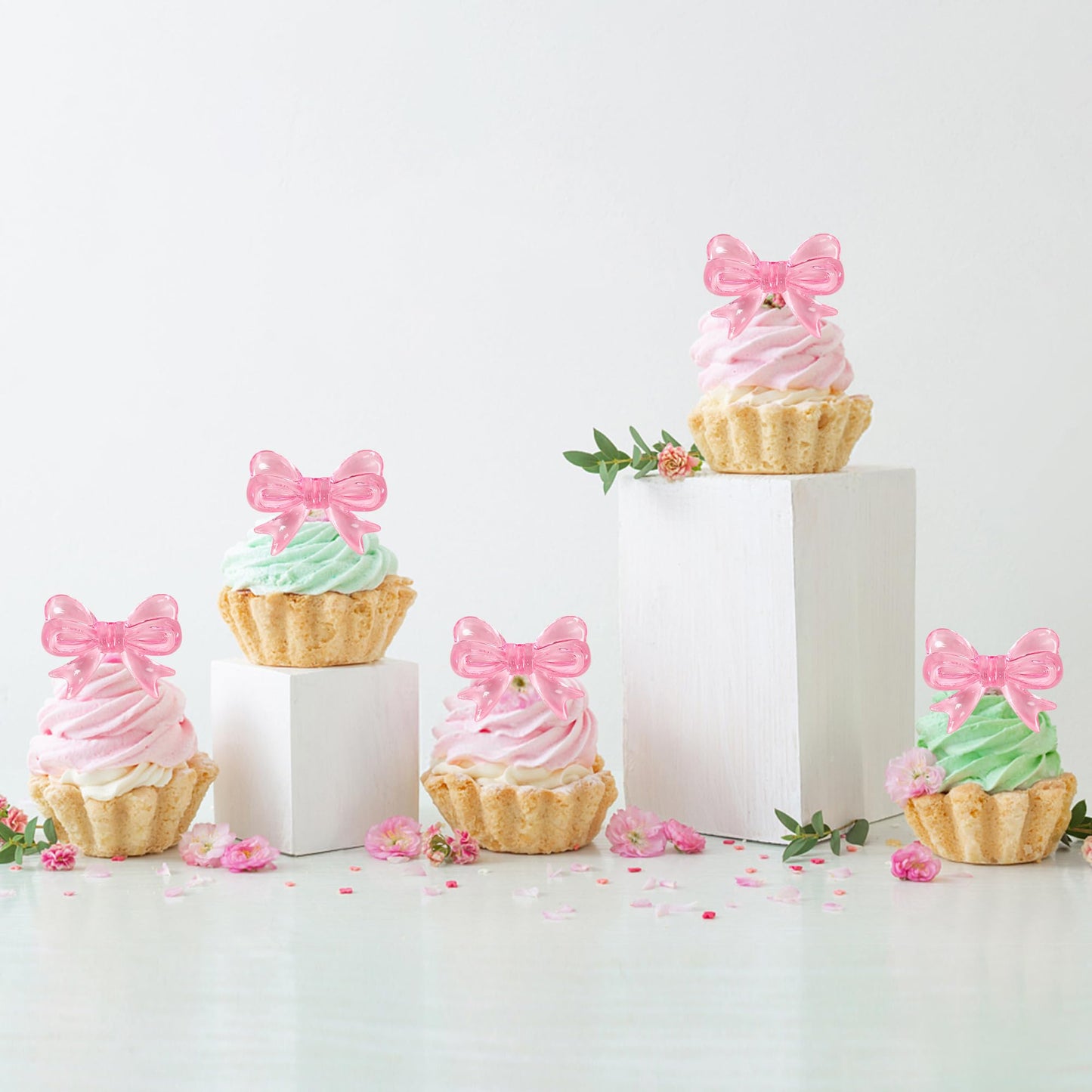 YCTHUNFISH 30 Pack Pink Bow Cupcake Toppers Paper Bowknot Decorations for Birthday Party, Wedding, Bridal Shower