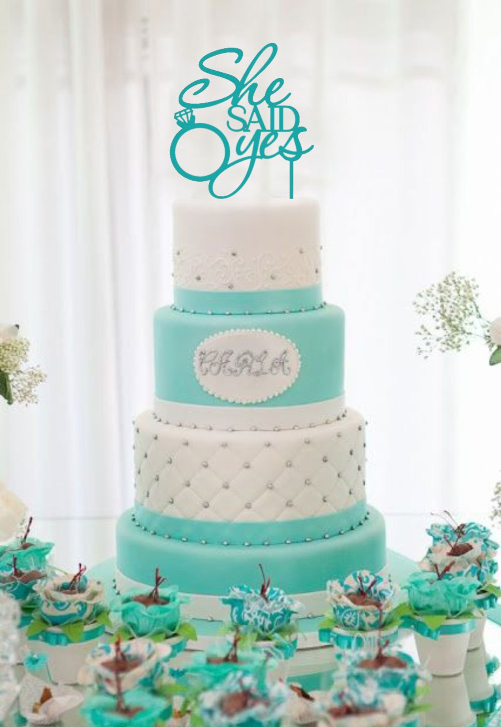 [Usa-Sales] She Said Yes Cake Topper, Teal, Bridal Shower, Engagement Party Decoration, By Usa-Sales Seller