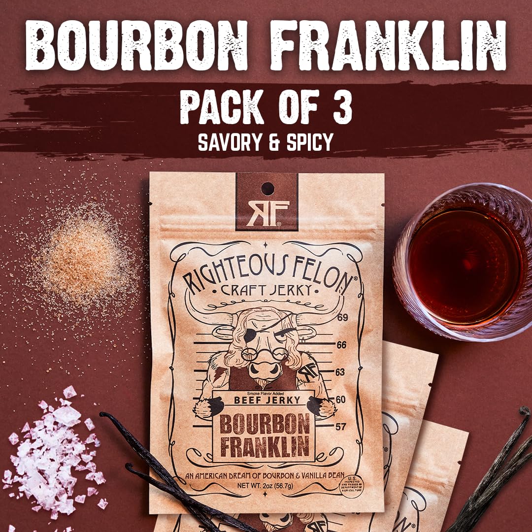 Righteous Felon Beef Jerky - spirit-inspired flavor Franklin Flavor - Low-Sugar, High-Protein - 2 Ounces Each, Pack of 3