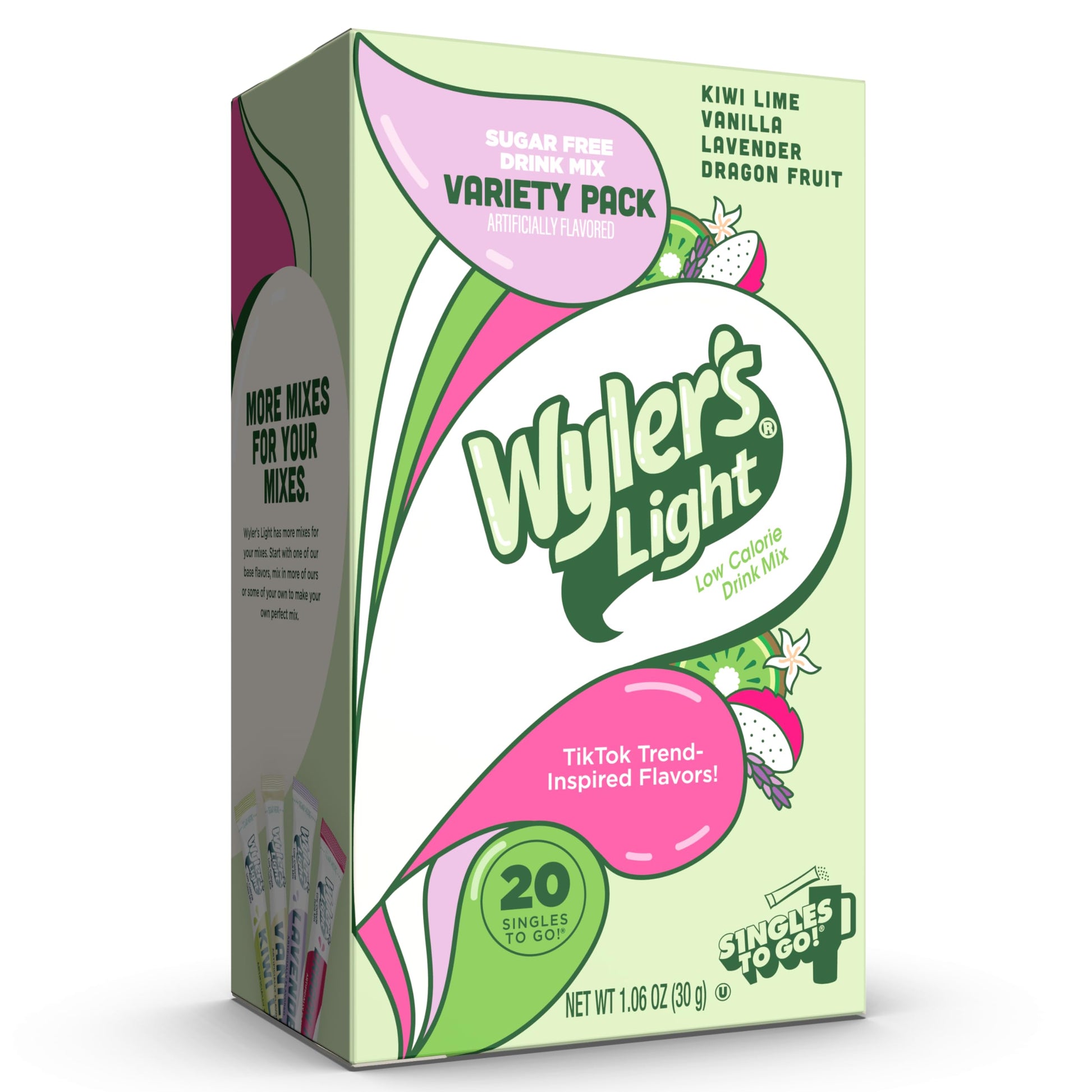 Wylers Light Singles to Go Powder Packets, Variety Pack, Kiwi Lime, Vanilla, Lavender, Dragon Fruit, 20 Count, 1.06 Ounce
