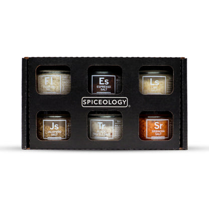 Spiceology - Gourmet Luxe Infused Salt Sampler Gift Set - Set of 6 - Flavors Include: Fleur de Sel, Espresso, Lime, Jalapeno, Bl