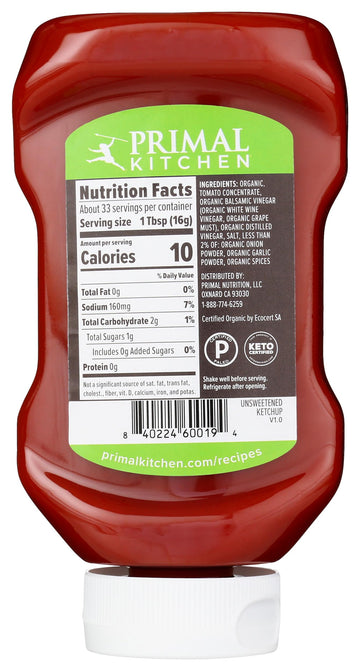 Primal Kitchen Organic Unsweetened Ketchup, 18.5 OZ, No Added Sugar, Gluten-Free