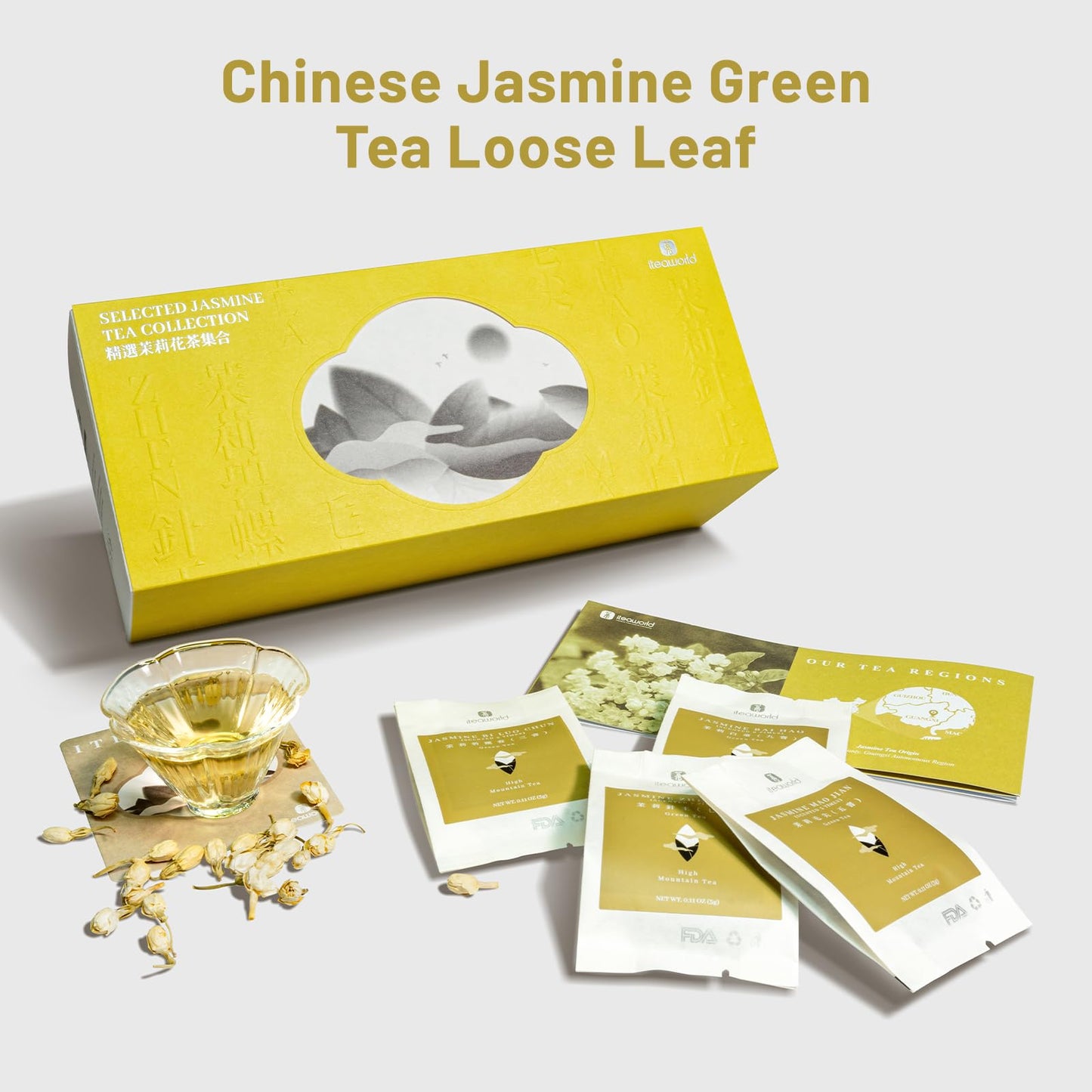 Iteaworld Jasmine Green Tea Loose Leaf Samplers Set, With Different Flowery Aromas, No Sweetener, Sweet After Taste, 4 Different