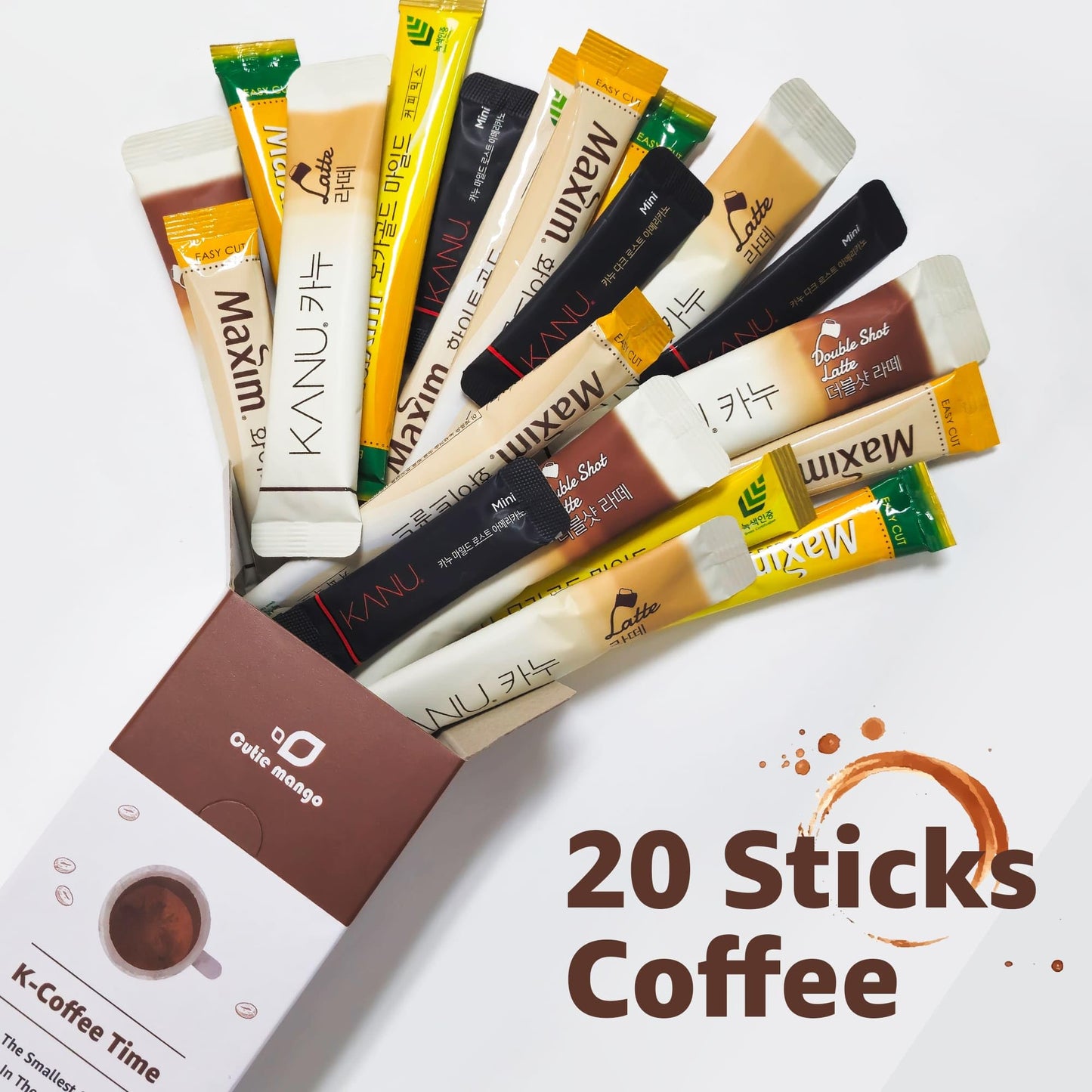 Cutie Mango Maxim & Kanu Premium Korean Instant Coffee Sampler White, Mocha Gold, Americano, Latte Caf  -Style Camping Party Eas