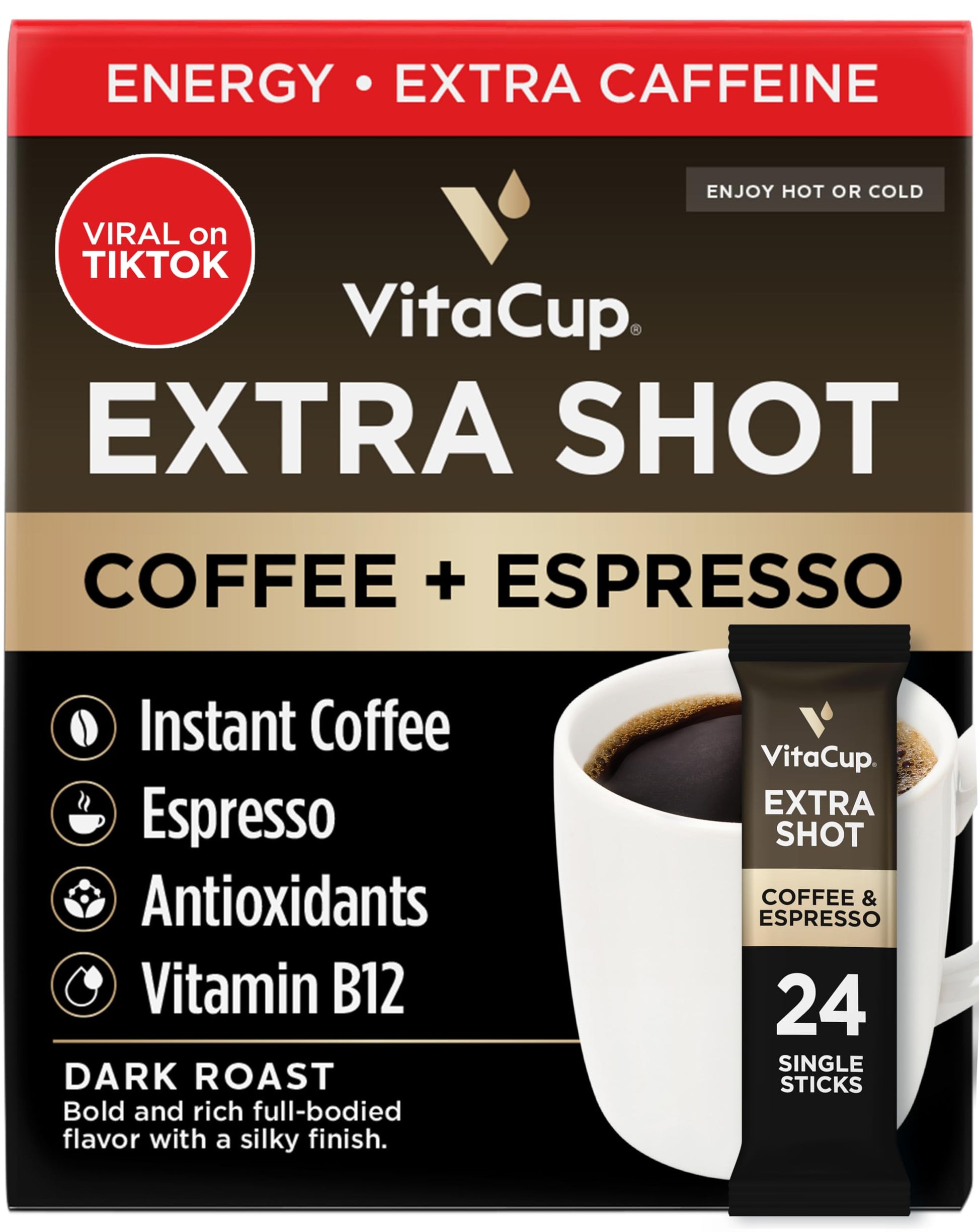 VitaCup Extra Shot Instant Coffee Packets, Bold Dark Roast with Vitamin B12, 24 Count