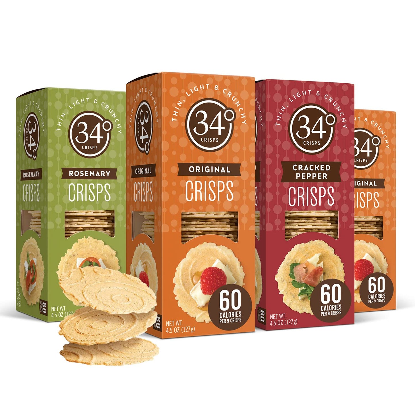 34 Degrees Crisps | Entertaining Variety Pack - 2 Oriflavor Blendal  1 Breaked Pepper  1 Rosemary | Thin  Light & Crunchy Variety Pack Crisps  4 Pack (4.5Oz Each)