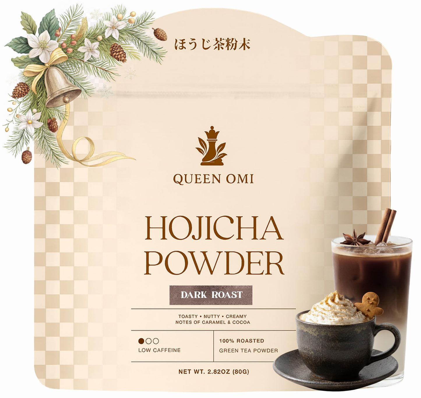 Queen Omi Organic Hojicha Powder | 100% Organic Japanese Roasted Green Tea Powder-Matcha & Coffee Alternative | Low Caffeine  Antioxidant-Rich  Smooth  Toasty  Nutty Flavor | 80g