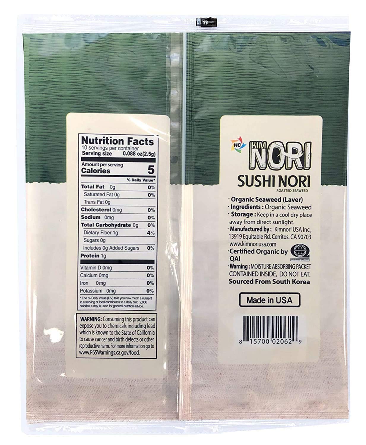 KIMNORI Sushi Nori Sea  Sheets, USDA Organic, Gluten Free, 10 Count (Pack of 16), 100% Natural Laver, Non-GMO, Vegan, Kosher