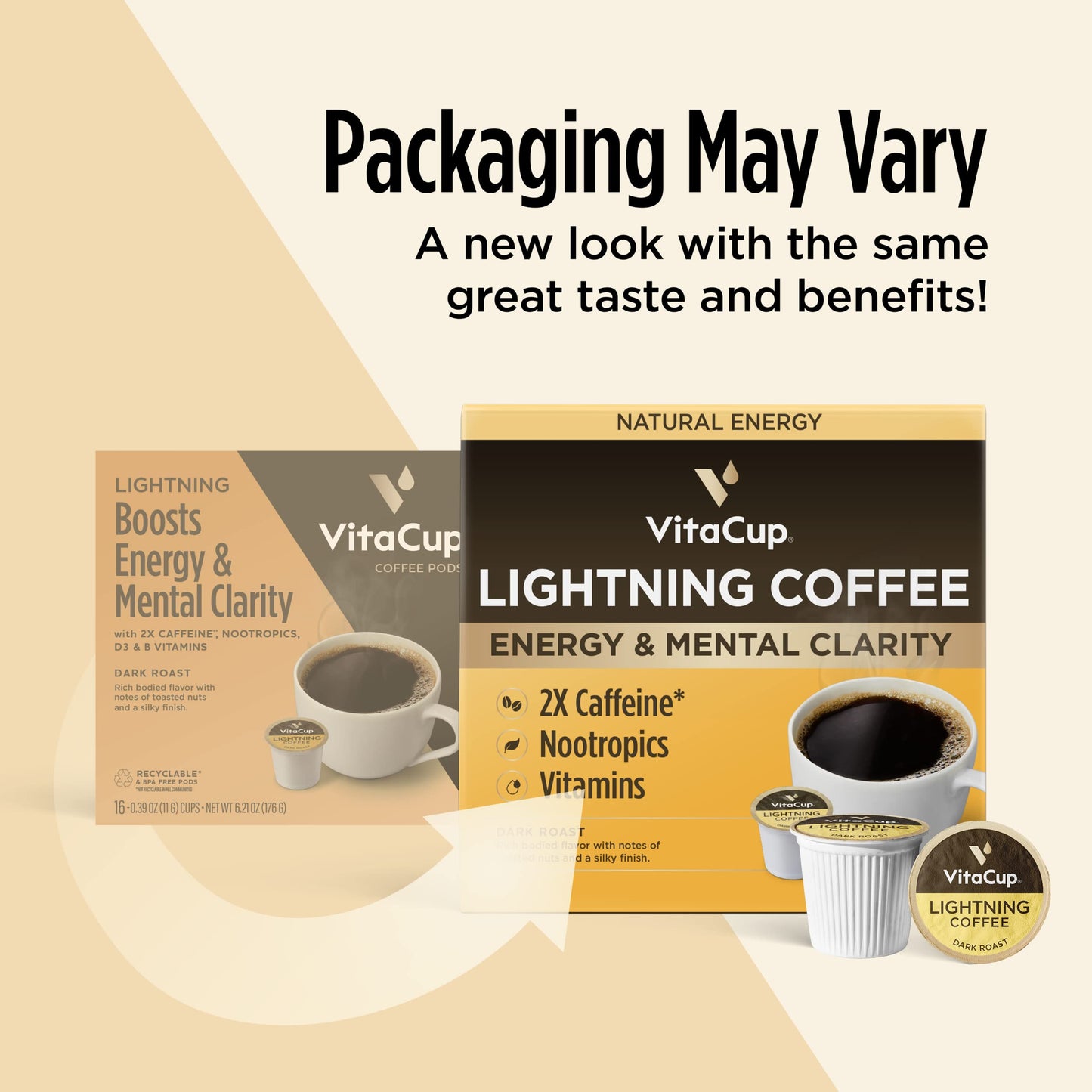 Vitacup Lightning Coffee Pods, For Focus W/ 2X Caffeine, Green Coffee Bean, B Vit, D3, Strong Dark Roast Arabica Beans, Single Serve Pod Compatible With Keurig K-Cup Malt-Inspired, 64 Ct (4 Pack Of 16 Ct)
