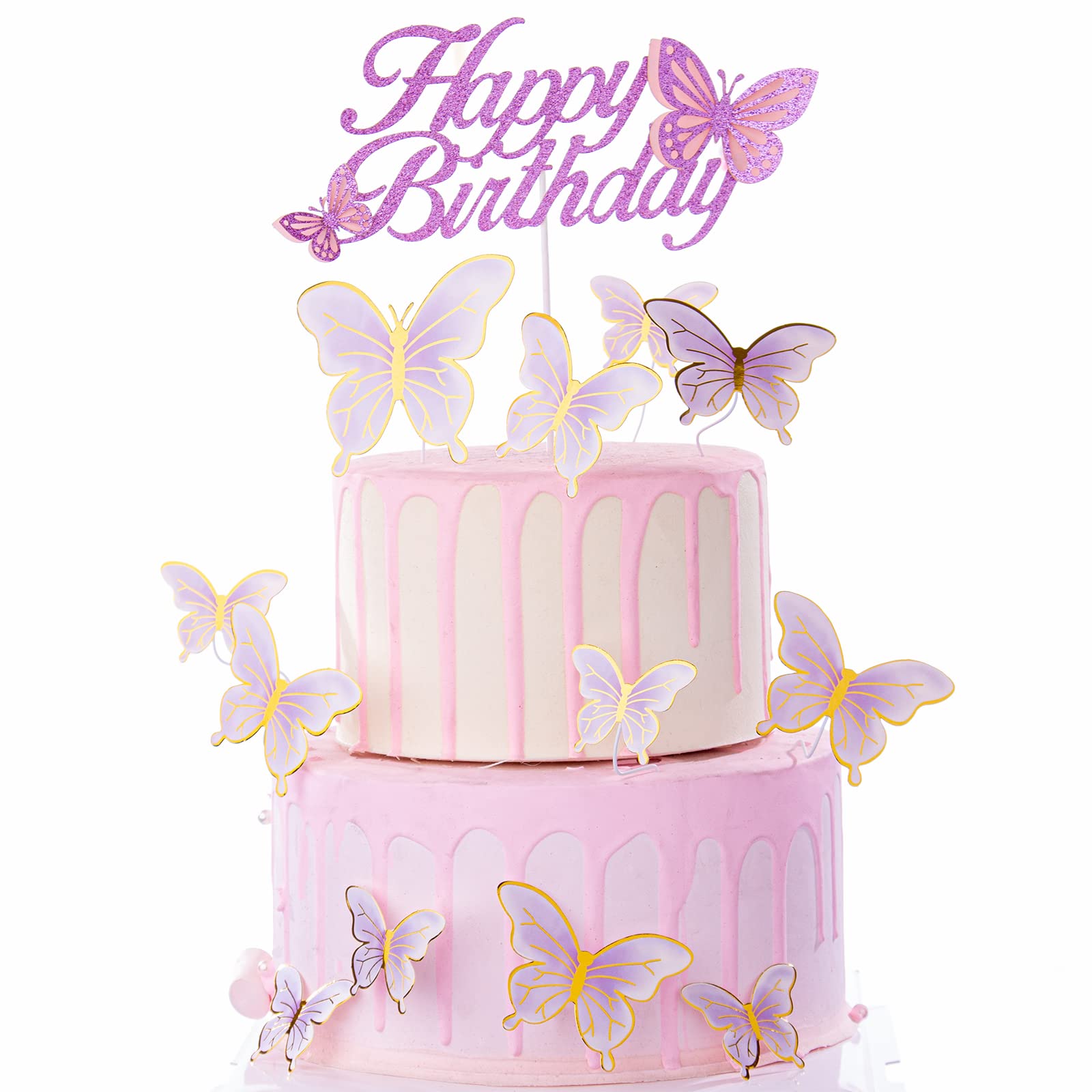 ALISSAR Glitter Purple Happy Birthday Cake Topper Set, Butterfly Cake Topper and 16 Pieces Butterfly Cupcake Toppers for Girls W
