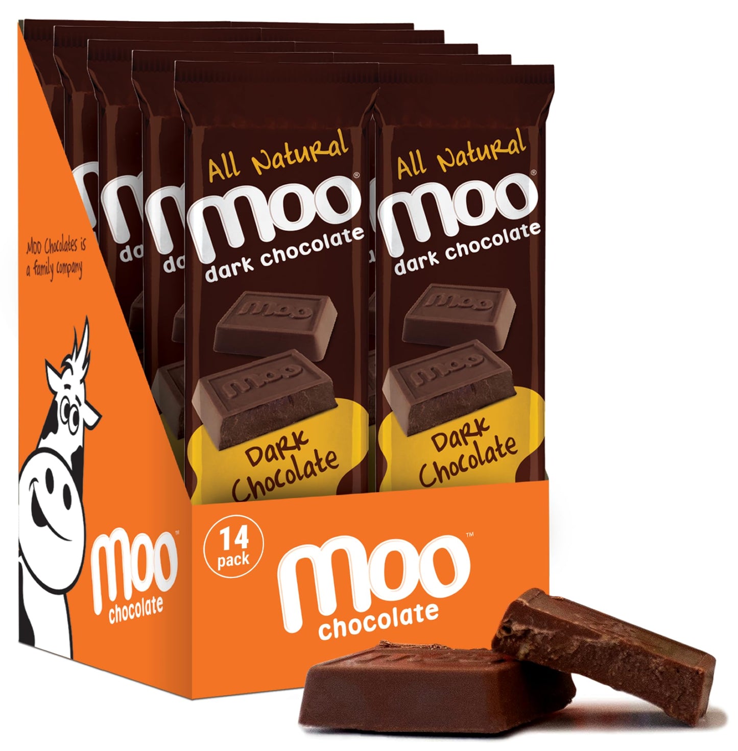 Moo Chocolates All Natural Solid Dark Chocolate Large Bars 1.4 oz, 14 ct (Pack of 1) | 100 Calorie Snacks for On-the-Go, Lunchbo