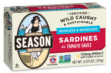 Season Sardines in Tomato Sauce - Skinless & Boneless Fish, Wild Caught, 22g of Protein, Keto Snacks, More Omega 3's Than Tuna, 