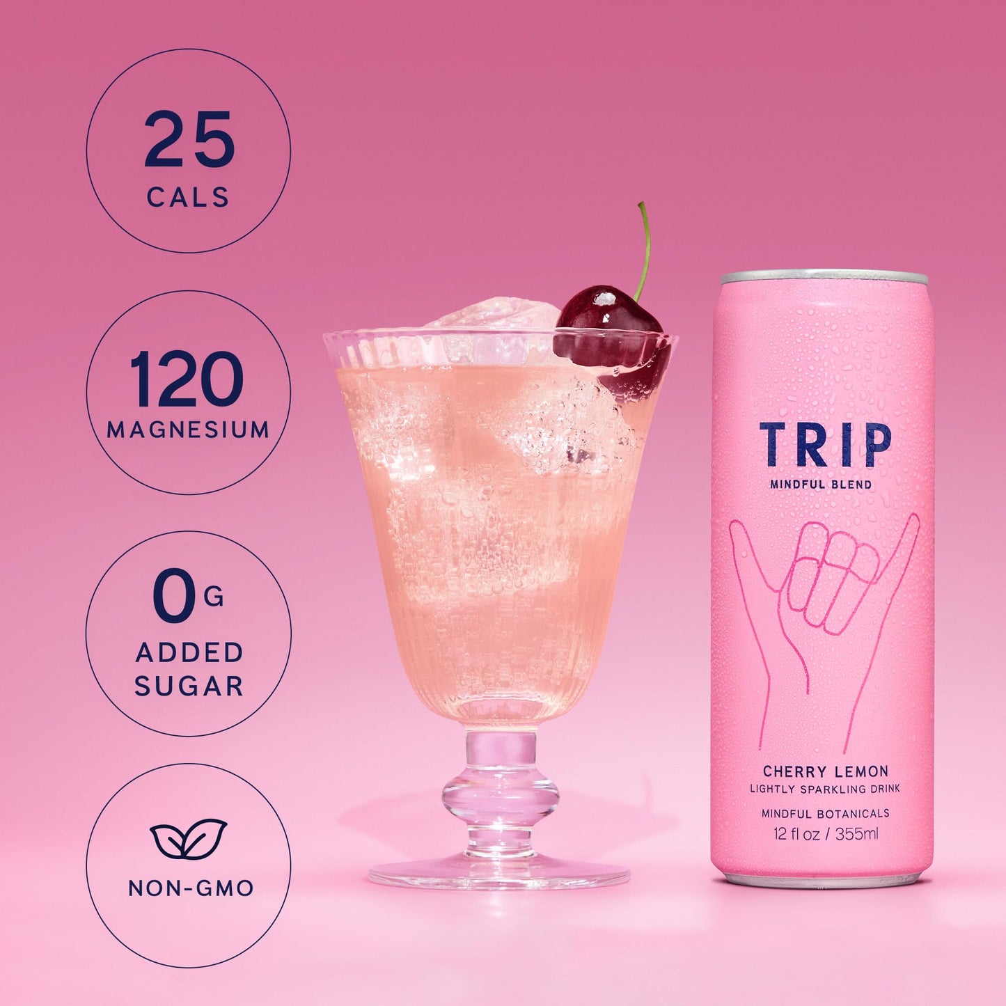 Trip Mindful Blend  Lightly Sparkling Adaptogen Seltzer  Mocktail w/ 120mg Magnesium Citrate with Ashwagandha  Lions Mane & L Theanine  No Added Sugar  Vegan  Cherry Lemon  12 Oz  12Pk