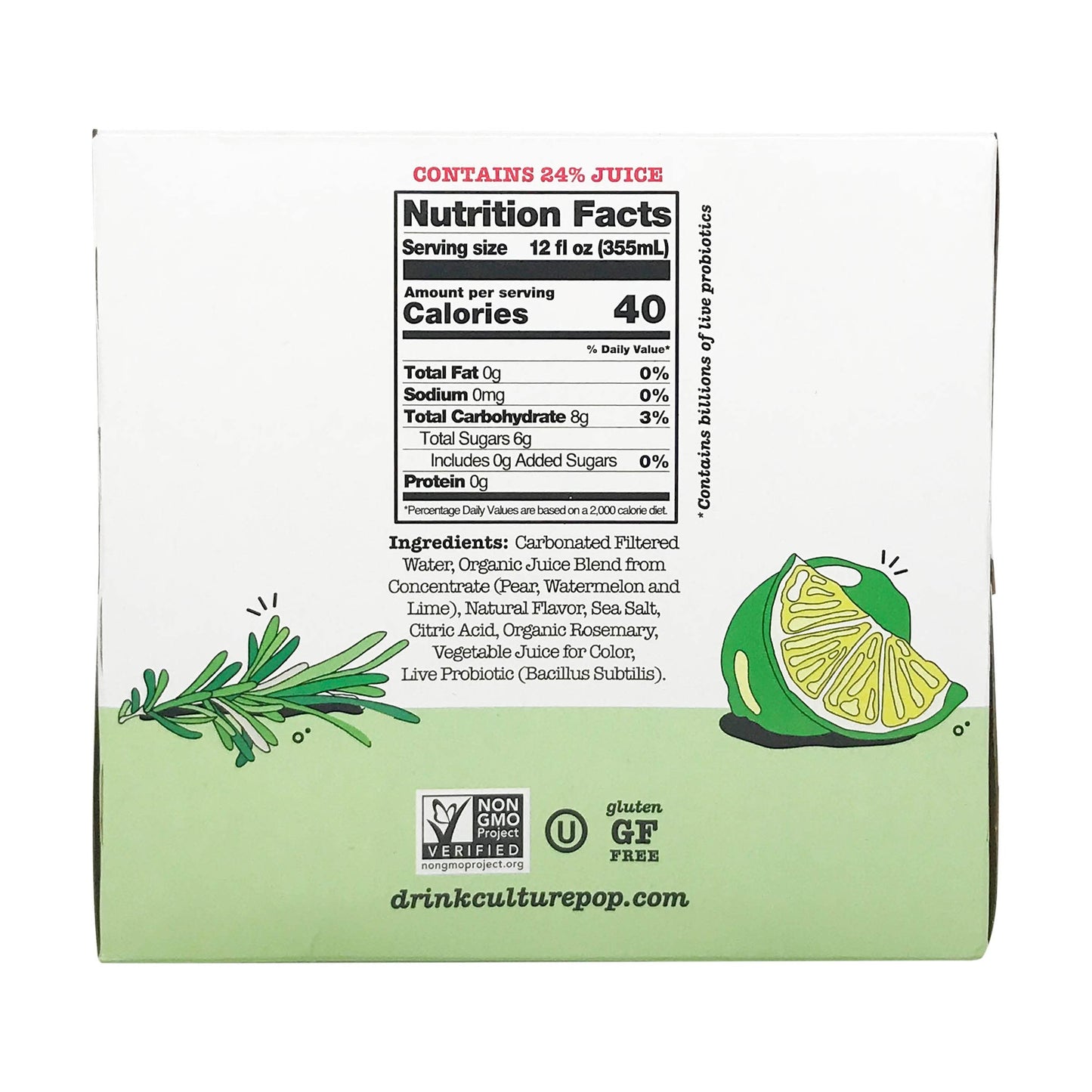 culture Pop Soda, Soda Watermelon Lime Rosemary, 12 Fl Oz, 4 Pack