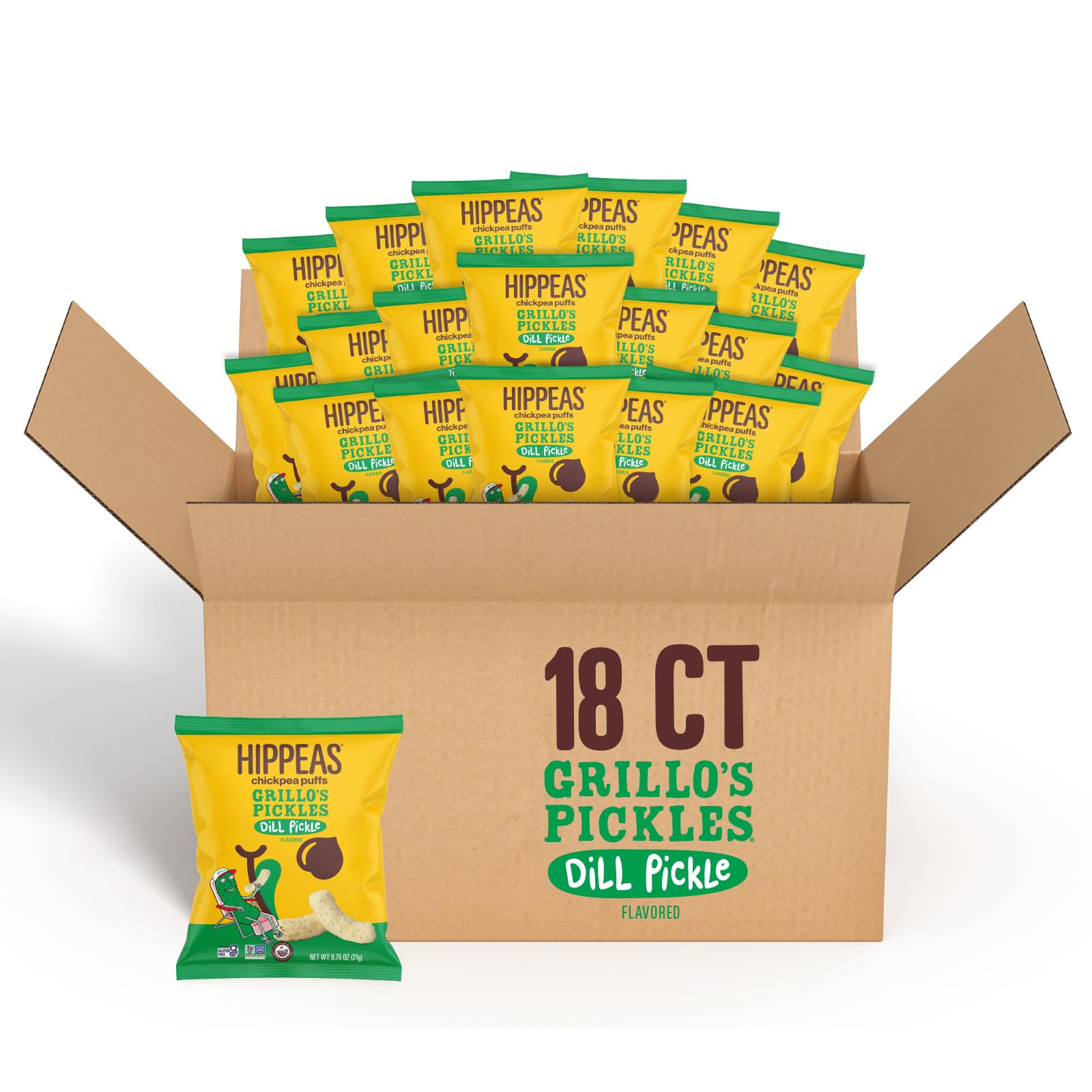 Hippeas Grillo s Dill Pickle, 0.75 Ounce (Pack of 18), 3g Protein, Fiber, Vegan, Gluten-Free, Crunchy, Plant Protein Snacks