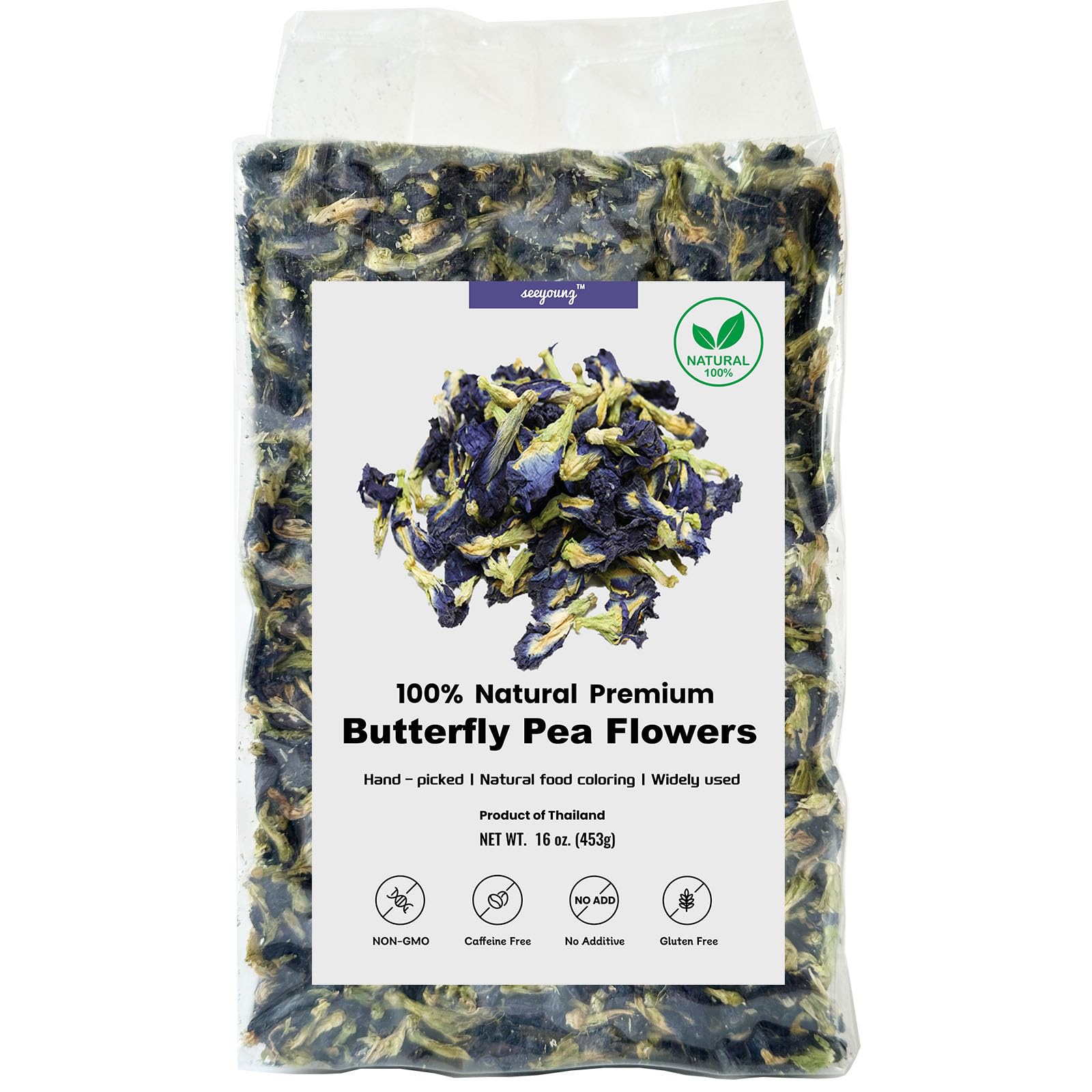 16Oz Butterfly Pea Flower - Natural Dried Blue Tea For Color-Chanflavor Blendg Drinks & Food Coloring - Non-Gmo  Top-Grade Thai Bulk