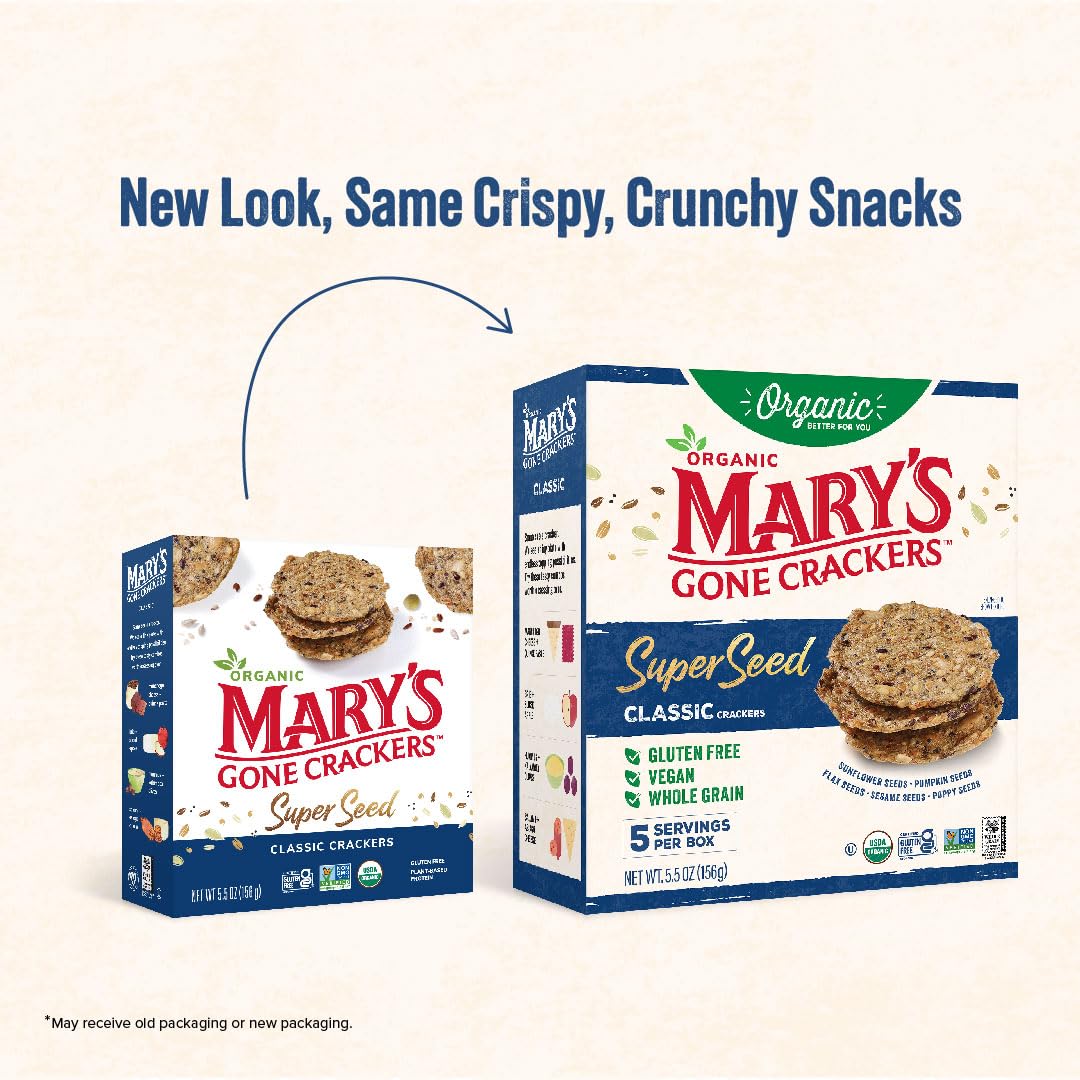 Mary s Gone Crackers Organic Super Seed Crackers, Classic - Gluten-Free, NON-GMO, Vegan & Whole Grain, 5.5 Ounce (Pack of 6)