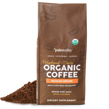 Paleovalley Organic Ground Coffee, 12oz - Regular, Low Acid, Single-Origin, Polyphenol-Rich, Infused with Mushrooms & Coffee Fru