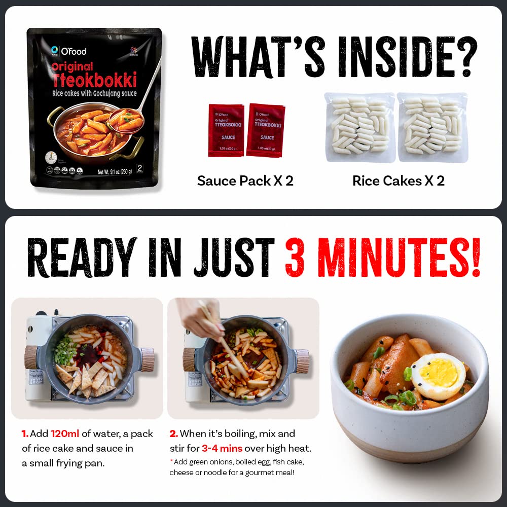 C O'Food Original Tteokbokki, Gluten-Free Korean Rice Cakes, Authentic Spicy Korean Street Food Snack, Perfect With Cheese And R